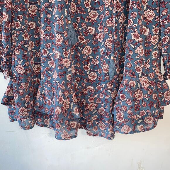 Blue Rain XS Boho Floral Mini Dress Cottagecore Ruffle Hem Long‎ Sleeve Smocked - Picture 7 of 9